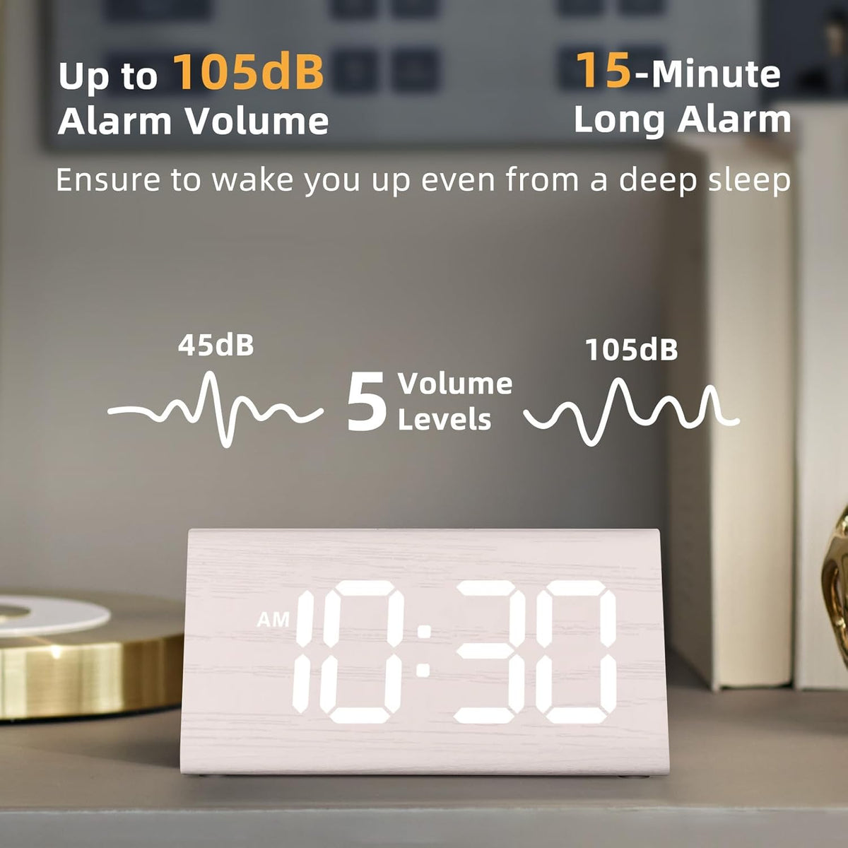 Odokee Wooden Digital Alarm Clock for Bedroom: Electric Desk Clock with Large LED Display - Brown - PuriLite