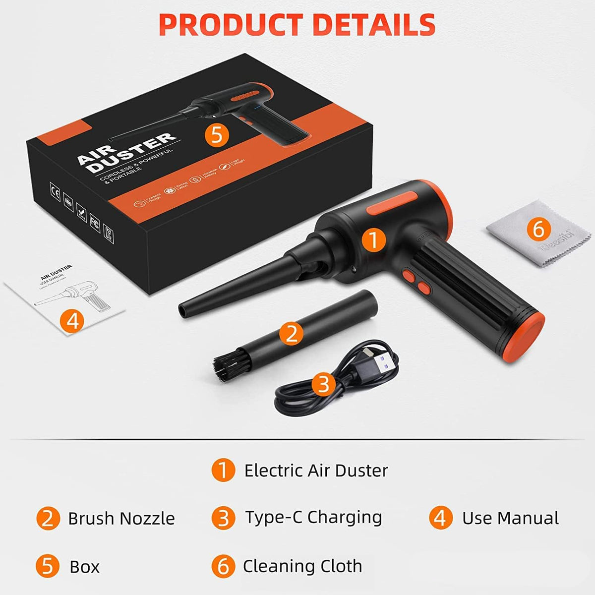 Compressed Air Duster, 130000RPM Electric Air Duster Replaces Compressed Air Cans, 3 Speed, Cordless Air Blower for Cleaning Camera Computer Household Pet Hair - PuriLite