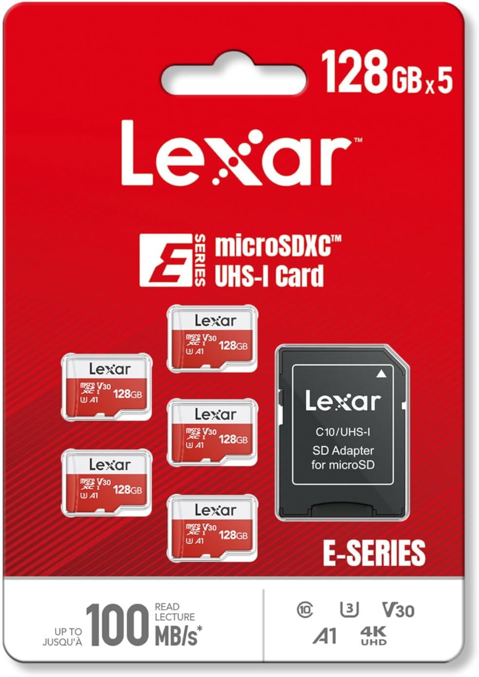 Lexar E-Series 128GB Micro SD Card 5 Pack, microSDXC UHS-I Flash Memory Card with Adapter, 100MB/s, C10, U3, A1, V30, Full HD, 4K UHD, High Speed TF Card - PuriLite