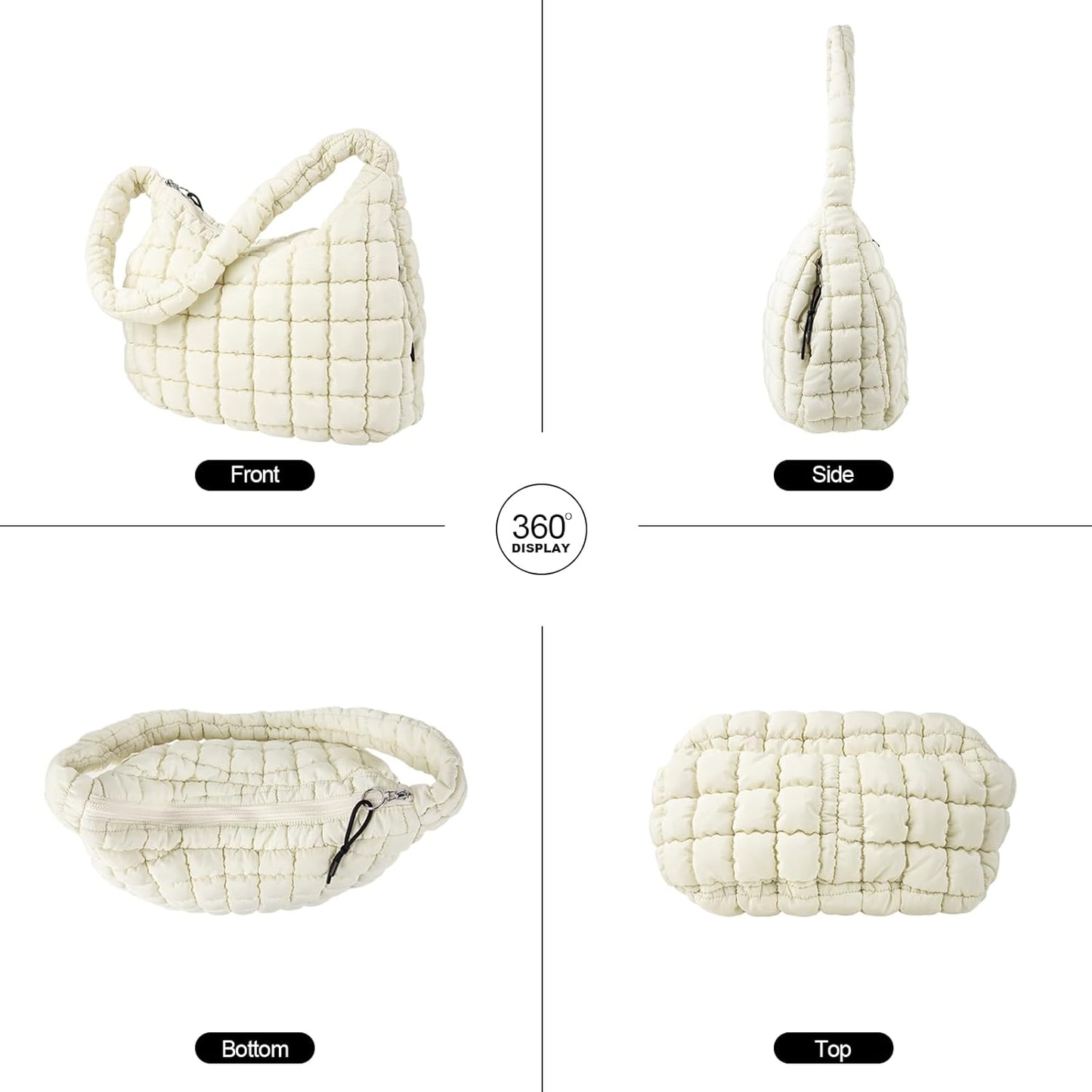 Quilted Puffer Tote Bag Large Crossbody Shoulder Bag with Zipper, Nylon Hobo Oversized Handbag - PuriLite