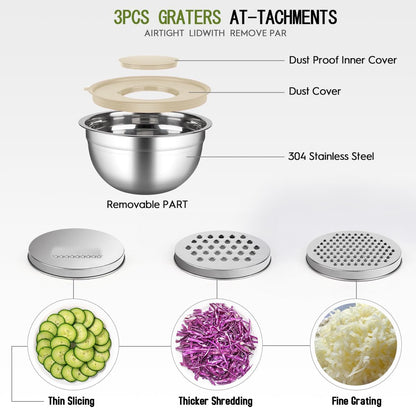 JUJOJB Mixing Bowls With Lids Set,Stainless Steel Mixing Bowls Set With 3 Grater,Metal Nesting Bowls For Kitchen Baking Refrigerator Meal Prep Food Storage Organizer,7 Size(Khaki) - PuriLite