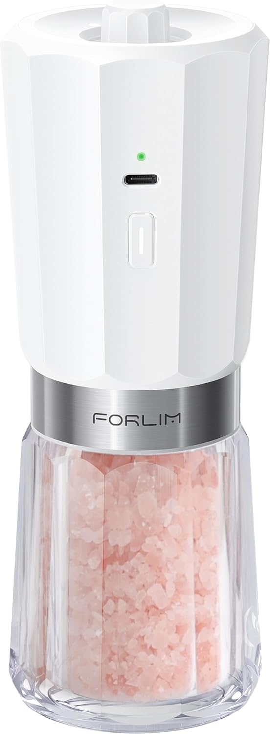 FORLIM 2-Speed Electric Salt and Pepper Grinder Set, 800mAh Rechargeable, Upgraded Auto-Reverse Clean After Stop, Pepper Shakes with White LED, Ceramic Grinding Core, Black & White - PuriLite