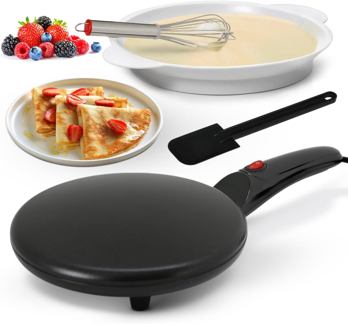 NutriChef Electric Crepe Maker, Cooks Roti, Tortillas, Pancakes, Nonstick Cooktop, 8-inch Cook Area On/Off Switch, Automatic Temperature Control & Cool Touch Handle, Includes Food Bowl, Whisk, Spatula - PuriLite