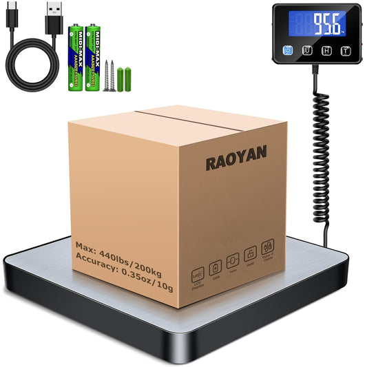 RAOYAN Shipping Scale, 440lb/0.5oz High Accuracy Digital Postal Scale with LCD Display, Hold/Tare Function, Shipping Scale for Package, Luggage, Warehouse (Including 2 Batteries, Charging Cable) - PuriLite
