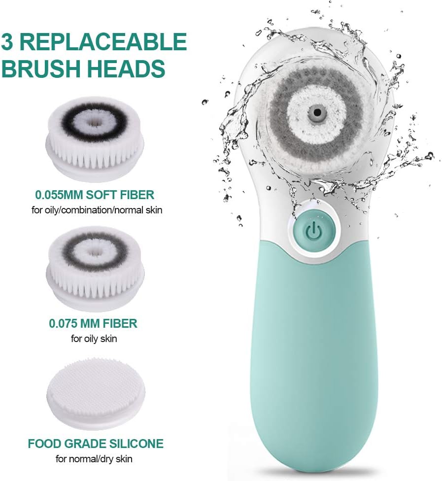 Facial Cleansing Brush Electric Facial Exfoliating Massage Brush with 3 Cleanser Heads and 2 Speeds Adjustable for Deep Cleaning, Removing Blackhead, Face Massaging - PuriLite