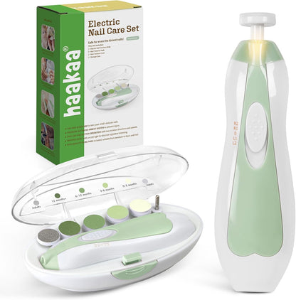 haakaa Baby Nail Trimmer Electric Safe Baby Nail Clippers Baby Nail File Kit Manicure Set, Trim Polish Grooming kit for Newborn Toddler or Adults Toes Fingernails, 6 Grinding Heads and LED Light - PuriLite