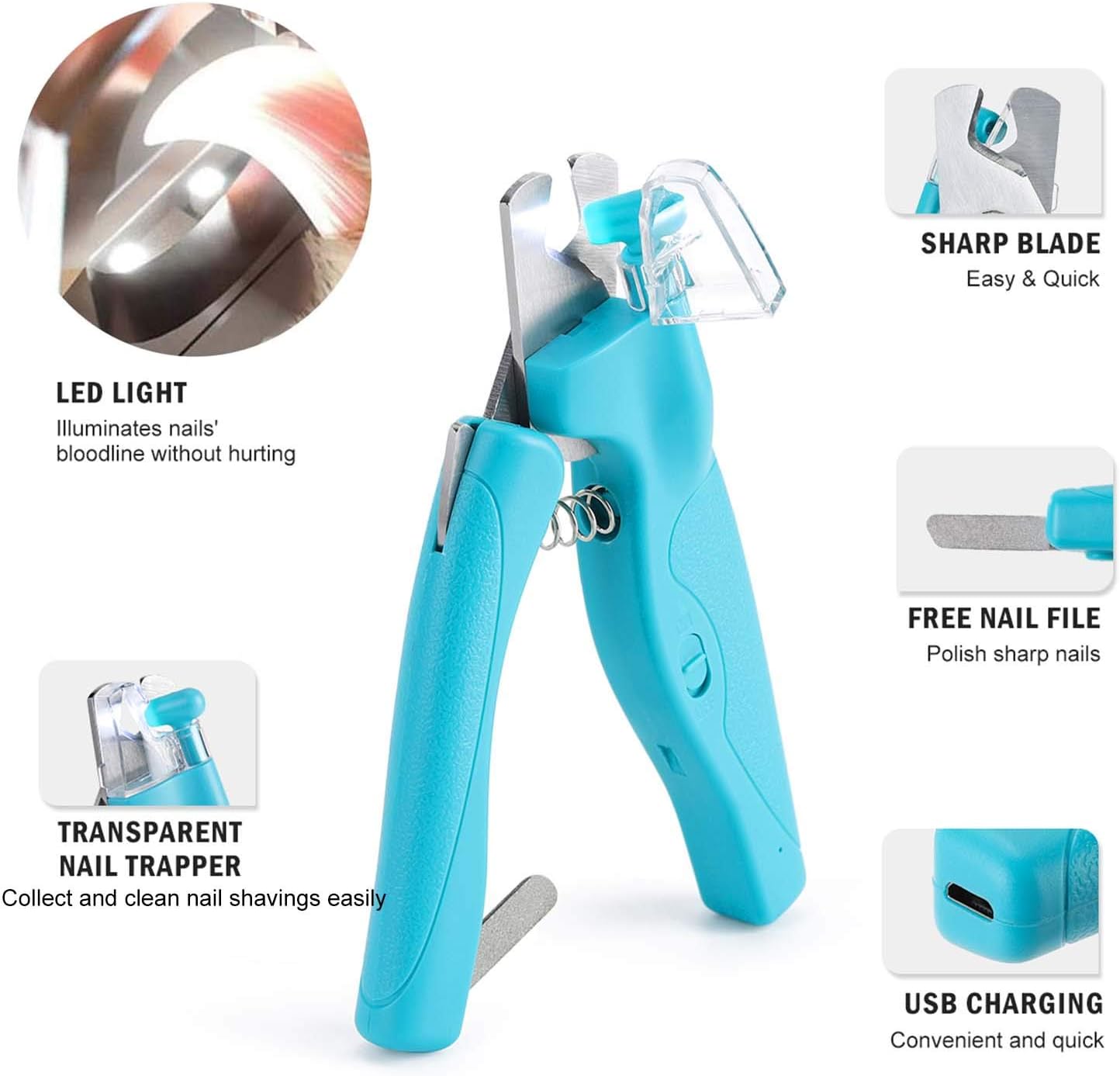 Pet Nail Clipper with LED Light for Dogs & Cats, Rechargeable Nails & Claws Trimmer Grooming, Safe Professional Trimming Tool with Nail Trapper & Free Nail File, Quick-Sensor Razor Sharp Blades - PuriLite