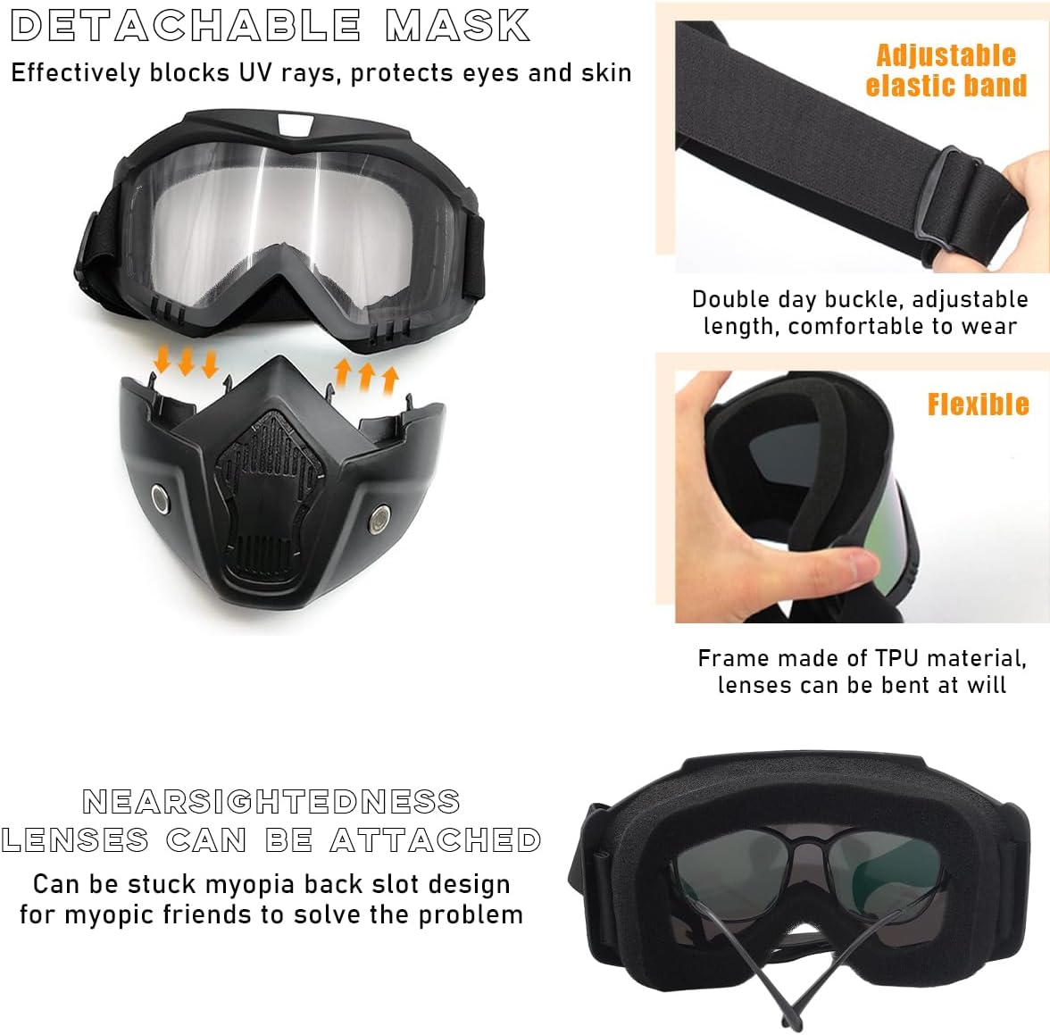 povtii Motorcycle Goggles, Windproof Dirt Bike Helmet Riding Goggles with Removable Face Mask, Motorcycle Accessories - PuriLite