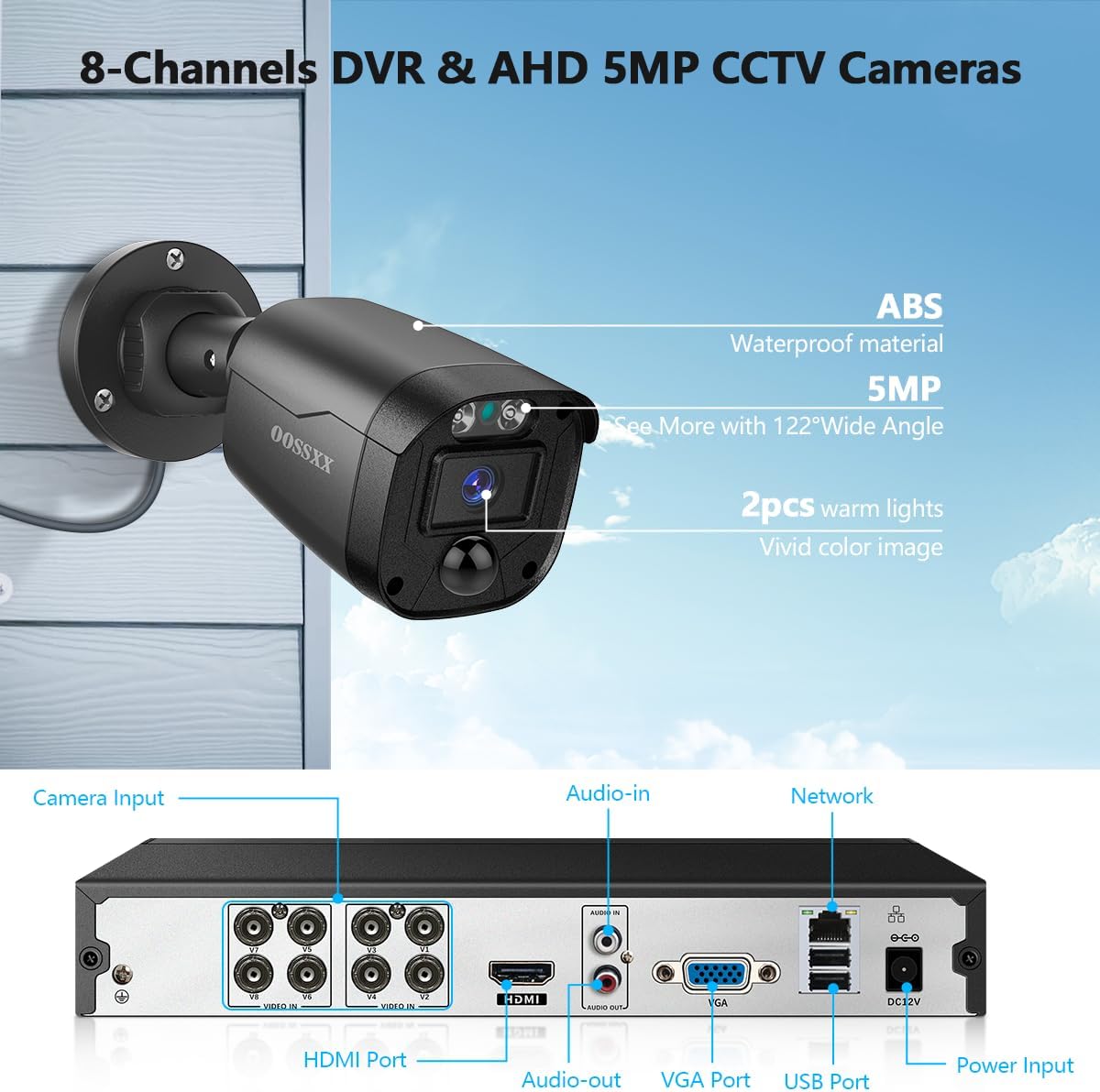 (Full HD 5MP Definition) Outdoor Wired Security Camera System Video Surveillance Cameras for Home Security DVR Systems, CCTV Camera for House Video Monitor Outside Surveillance - PuriLite