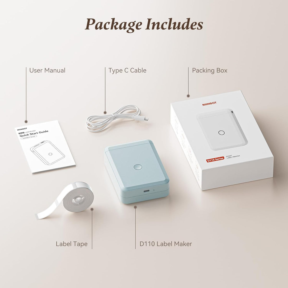 NIIMBOT D110 Mini Label Maker Machine with Tape(Pre-Cut Size 12x40mm), Portable Bluetooth Sticker Printer, Inkless Automatic Feeding One-Touch Custom Printing, Compatible with Phone Only - PuriLite