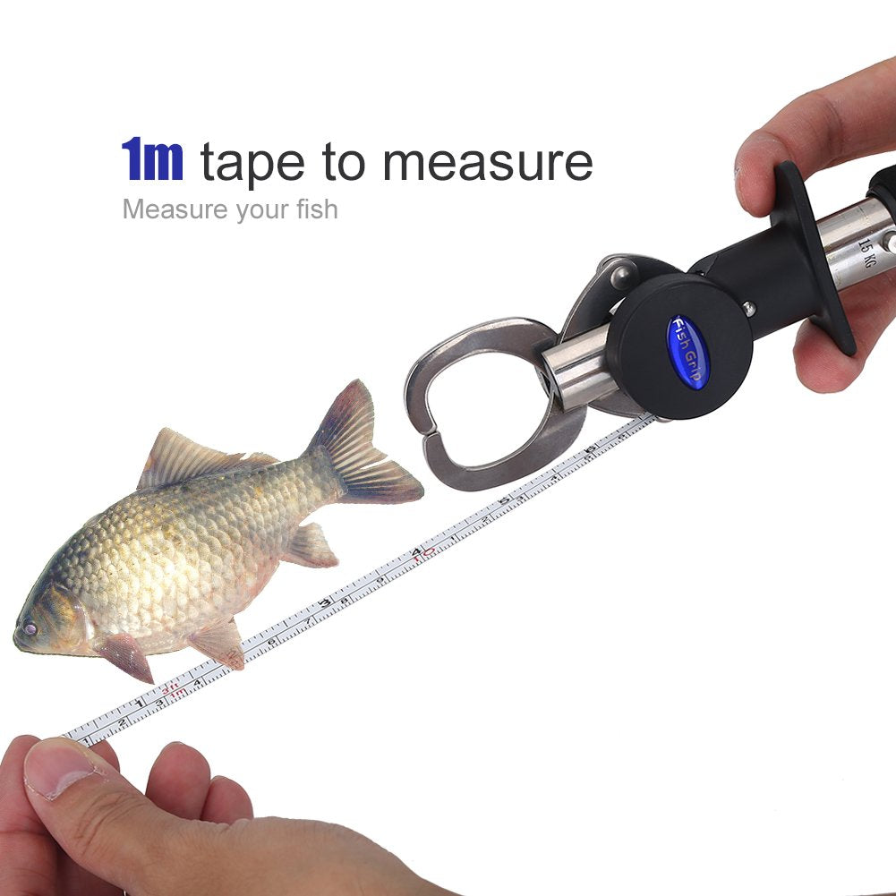Fishing Gripper Fish Lip Grip Fish Grabber Fish Holder with 1M Tape Measure 15KG Weighting Scale Fishing Tackle Tool with Weight Scale - PuriLite