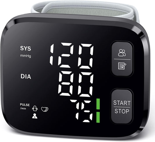 Blood Pressure Monitor LED Backlit Display Automatic Wrist Cuff Blood Pressure Monitors for Home Use 120x2 Reading Memory with Carrying Case, Black - PuriLite