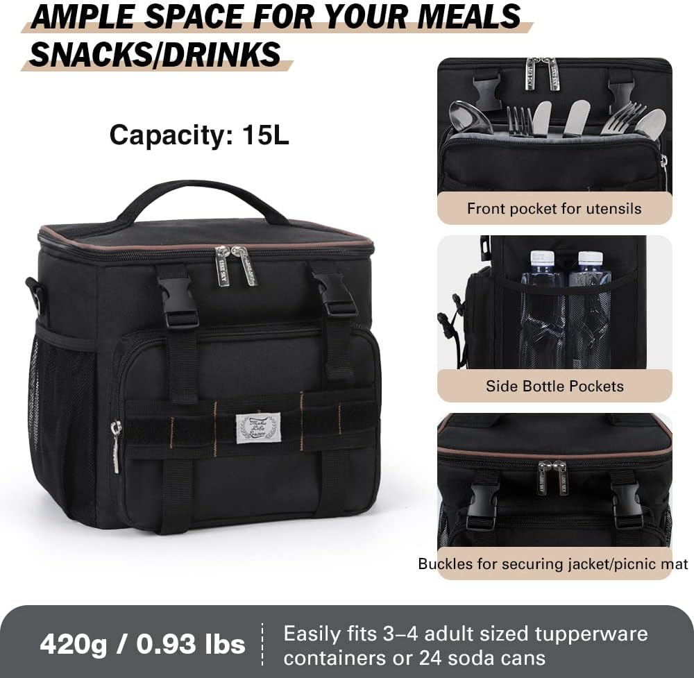 Lekebobor Tactical Lunch Bag for Men, Leakproof Large Insulated Lunch Box with Molle, Waterproof Cooler Bag for Adults Men Outdoor Picnic Travel Office, 24Can (15L), Black - PuriLite