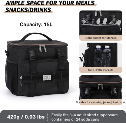 Lekebobor Tactical Lunch Bag for Men, Leakproof Large Insulated Lunch Box with Molle, Waterproof Cooler Bag for Adults Men Outdoor Picnic Travel Office, 24Can (15L), Black - PuriLite