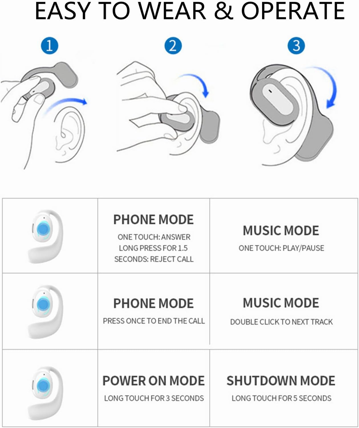 Sunffice Open Ear Bluetooth 5.3 Earpiece,Single-Ear Headset Hands-Free Earphones with Earhook,Noise-Cancellation Stereo Sound Sports Earbud for Office Driving Calling Compatible Android/iPhone(Black) - PuriLite