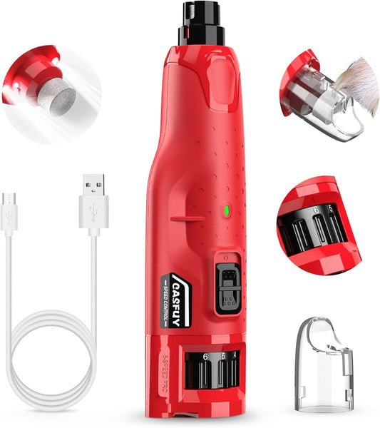 Casfuy Dog Nail Grinder Quiet - (45db) 6-Speed Pet Nail Grinder with 2 LED Lights for Large Medium Small Puppy Dogs/Cats, Professional 3 Ports Rechargeable Electric Dog Nail Trimmer with Dust Cap - PuriLite