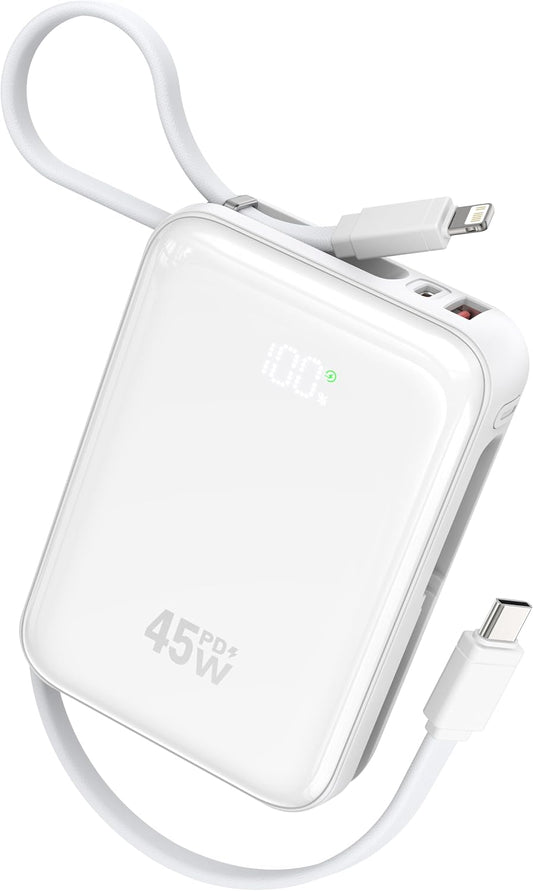 Power Bank, Ultra Mini 20000mAh Portable Charger, 45W PD Fast Charging Powerbank with Built in Cables, USB-C in&Out Battery Pack, Small Travel Powerbank for iPhone 18 17, Samsung Cell Phones, iPad etc