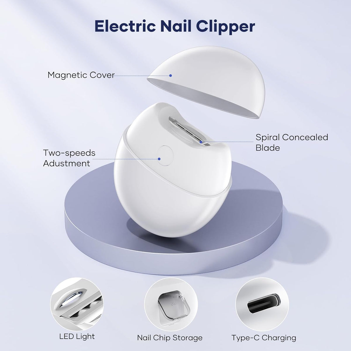 Electric Nail Clipper with USB Charging: Automatic Nail Clippers with Led Light - USB Rechargeable Safety Fingernail Trimmer for Baby Seniors Kids Adults (White, Medium) - PuriLite