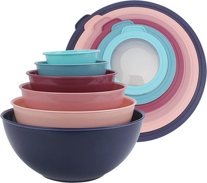 COOK WITH COLOR Mixing Bowls with TPR Lids - 12 Piece Plastic Nesting Bowls Set Includes 6 Prep Bowls and 6 Lids, Microwave Safe Mixing Bowl Set (Mint) - PuriLite