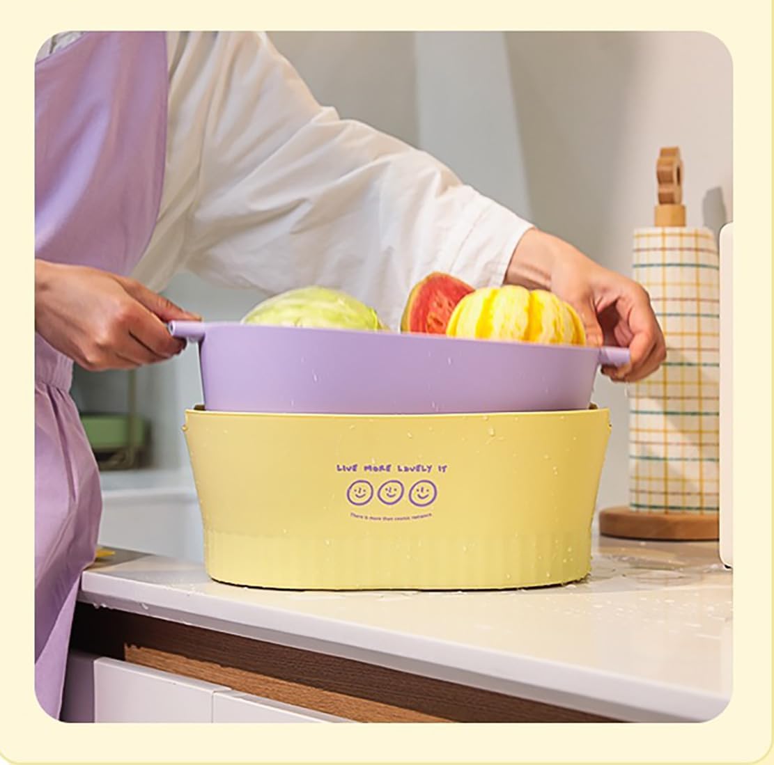Kitchen Washbas Food Strainer Drain Basket Rotating Drainer Double-Layer Basin Vegetable Fruit Washing Strainer - PuriLite