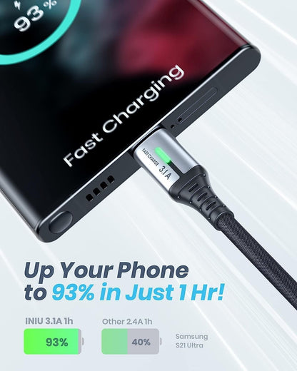 USB C Cable, INIU 3.1A Type C Cable Fast Charging (6.6ft), Zinc Alloy Braided Data USB-C Cable, USB A to USB C Charger Cable for iPhone 16 15 14 Pro Max iPad Samsung S22 S21 Huawei Xiaomi OnePlus - PuriLite