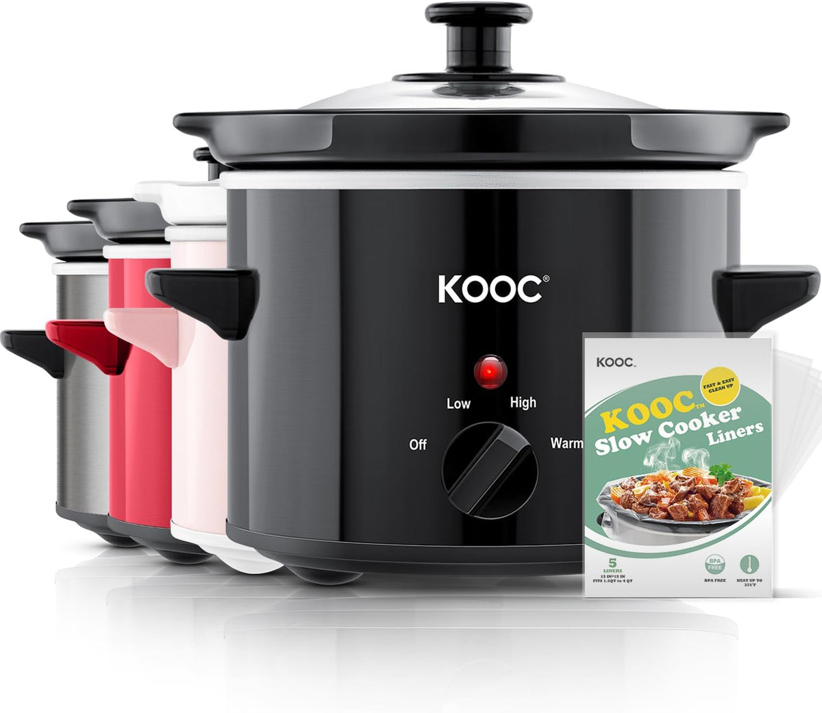 KOOC Small Slow Cooker, 2-Quart, Free Liners Included for Easy Clean-up, Upgraded Ceramic Pot, Adjustable Temp, Nutrient Loss Reduction, Stainless Steel, Black, Round… - PuriLite