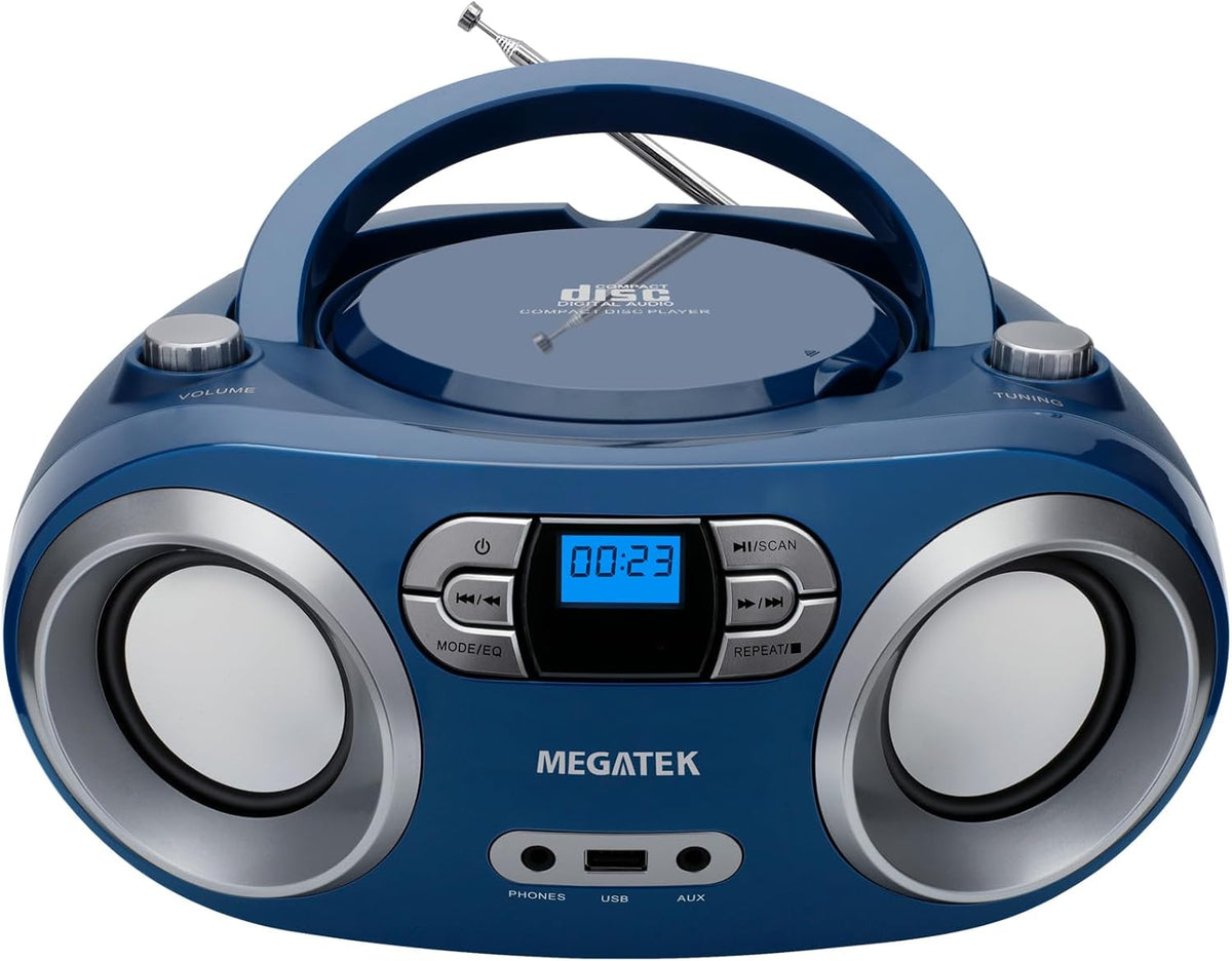 MEGATEK Portable CD Player Boombox with FM Radio, Bluetooth, USB Port, AUX Input, and Headphone Jack – CD-R/CD-RW/MP3-CD Compatible, Clear Stereo Sound, Backlit LCD Display – Black - PuriLite