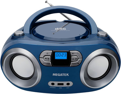 MEGATEK Portable CD Player Boombox with FM Radio, Bluetooth, USB Port, AUX Input, and Headphone Jack – CD-R/CD-RW/MP3-CD Compatible, Clear Stereo Sound, Backlit LCD Display – Black - PuriLite