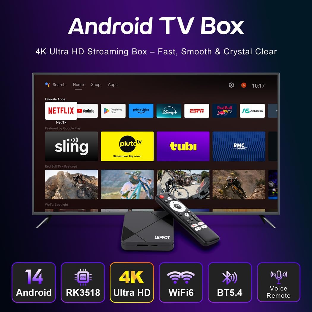 LEFFOT Android TV Box 2025,4K UHD Steaming Devices for TV,2GBRAM + 8GBROM,with HDR10,2.4G&5G WIFI6,BT 5.0,Smat TV Box RK3518 - PuriLite