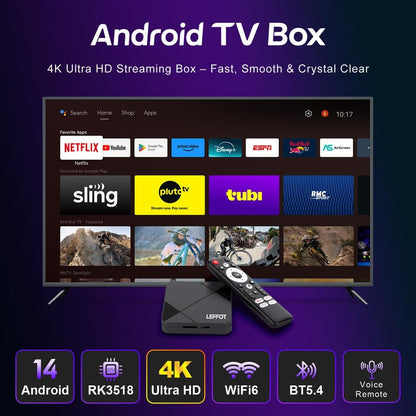 LEFFOT Android TV Box 2025,4K UHD Steaming Devices for TV,2GBRAM + 8GBROM,with HDR10,2.4G&5G WIFI6,BT 5.0,Smat TV Box RK3518 - PuriLite