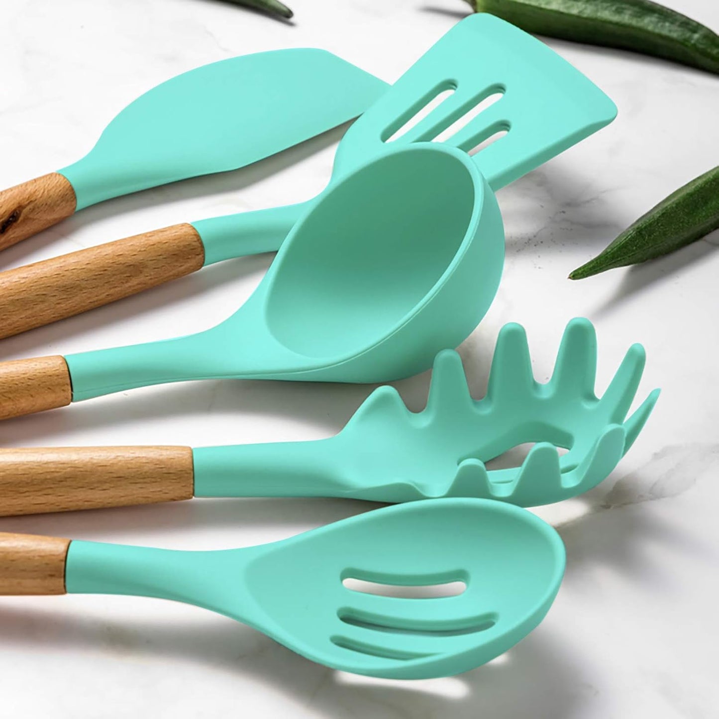 Umite Chef Kitchen Cooking Utensils Set, 33 pcs Non-Stick Silicone Cooking Kitchen Utensils Spatula Set with Holder, Wooden Handle Silicone Kitchen Gadgets Utensil Set (Khaki) - PuriLite