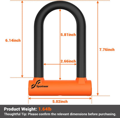 Sportneer Bike Lock: 17mm Heavy Duty Bike U Lock - High-Security Anti-Theft with 12mm x1.5m Steel Cable, 8''x5'' Compact Design, Includes Mounting Bracket for Mountain/Road/Folding/Electric Bikes - PuriLite
