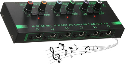 Headphone Amplifier, Headphone Amp 6 Channel Metal Stereo Audio Amplifier Splitter Mini Earphone Splitter - PuriLite