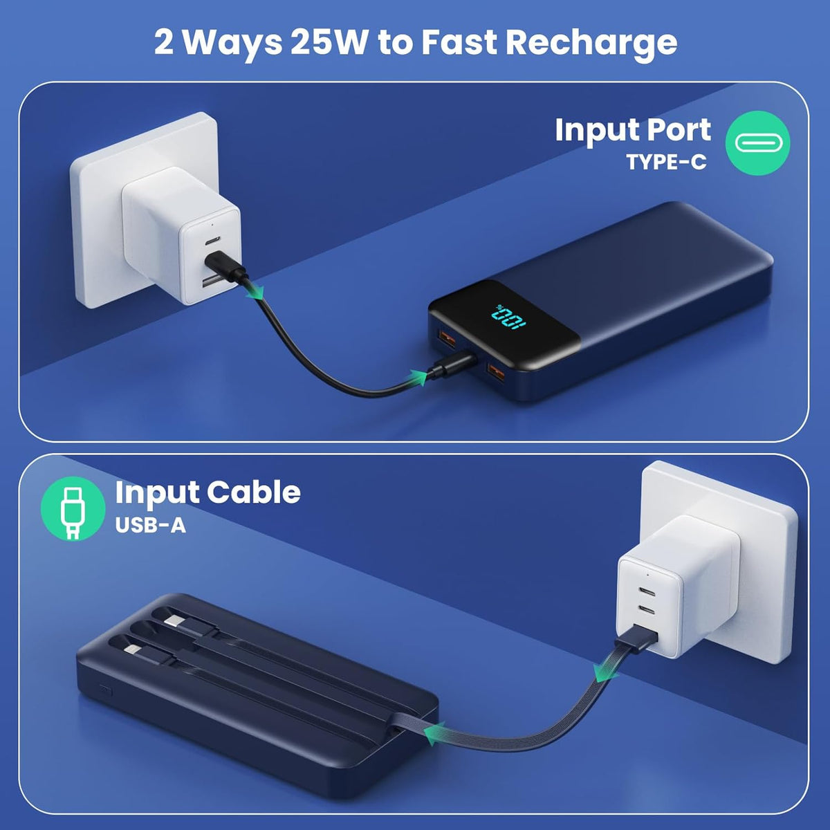 Power Bank 40800mAh Portable Charger with 3 Built-in Cable,25W PD USB C in&Out Power Bank Fast Phone Charging,QC4.0 LED Display Portable Battery Pack Compatible with iPhone 16/15,Samsung Android-Black - PuriLite