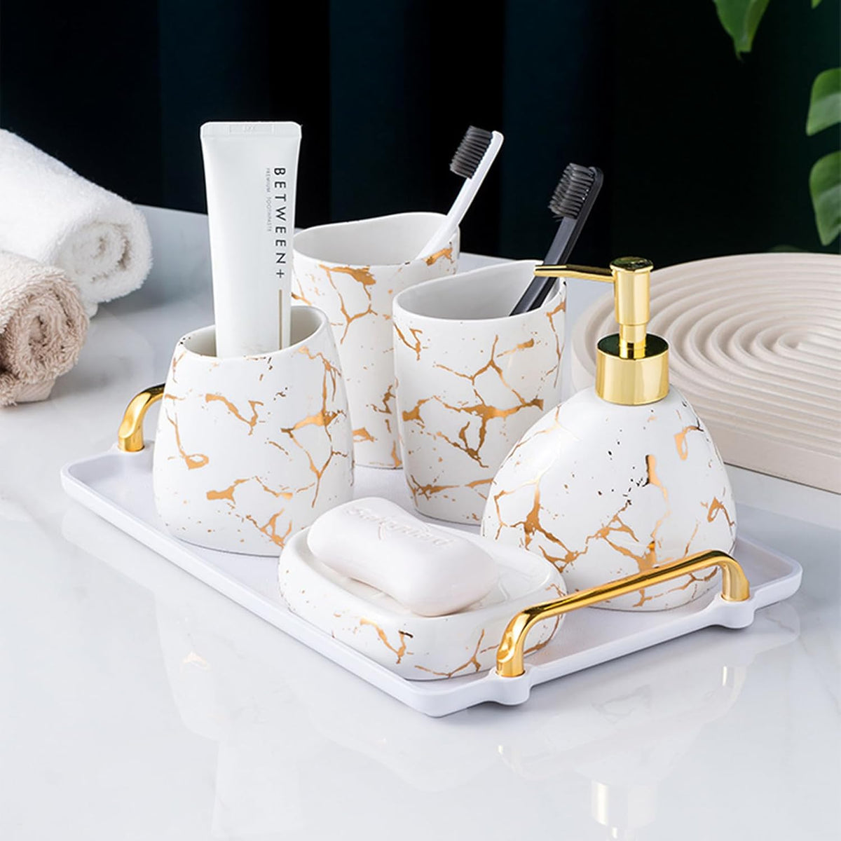 White Bathroom Accessories Set,Modern Countertop Bathroom Decor,Luxury 6 Piece Bathroom Accessory Set,Complete with Soap Dispenser,Toothbrush Holder,Tumbler,Tray - PuriLite