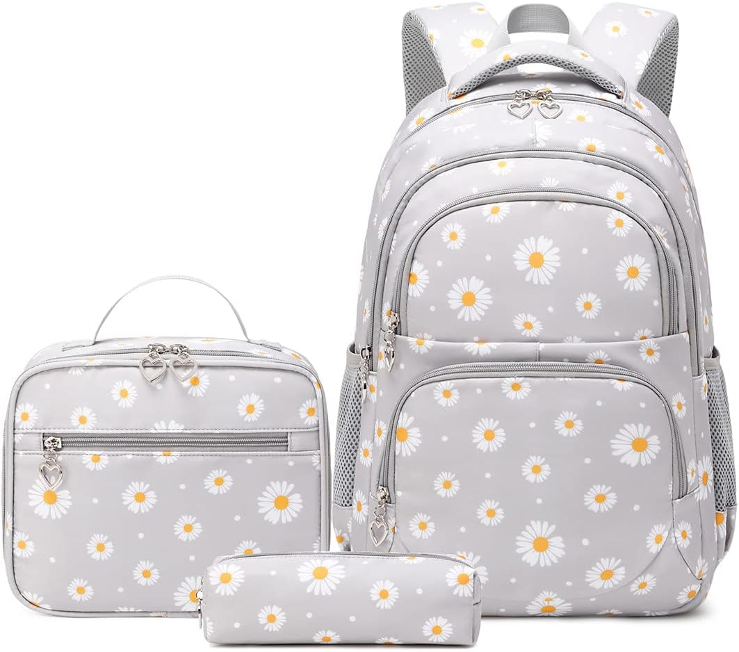 3Pcs Daisy Prints Backpack for Girls Bookbag set Primary School Daypack Elementary Students Knapsack with Lunch Box - PuriLite