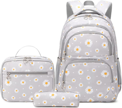 3Pcs Daisy Prints Backpack for Girls Bookbag set Primary School Daypack Elementary Students Knapsack with Lunch Box - PuriLite