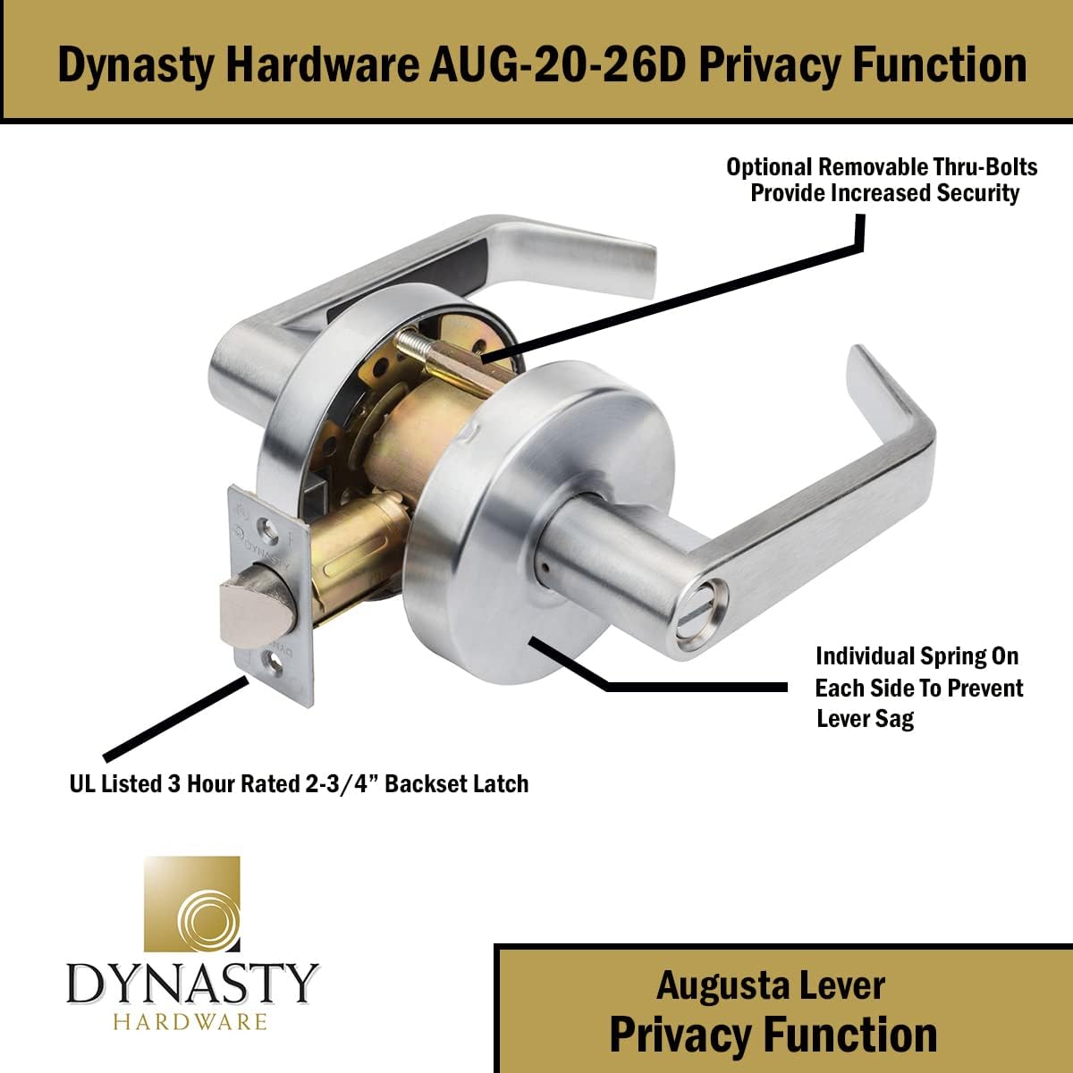 Dynasty Hardware AUG-00-26D Grade 2 Commercial Duty Office Door Keyed Lever Lockset, ADA, Satin Chrome Finish - PuriLite