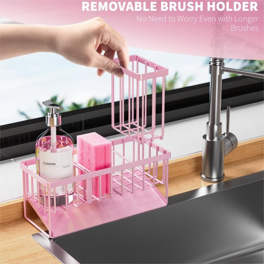 Cisily Kitchen Sink Caddy Organzier with High Brush Holder, Sponge Holder for Sink, 304 Rustproof Stainless, Kitchen Countertop Soap Dispenser Organizer, Kitchen Decor and Accessories (Black) - PuriLite