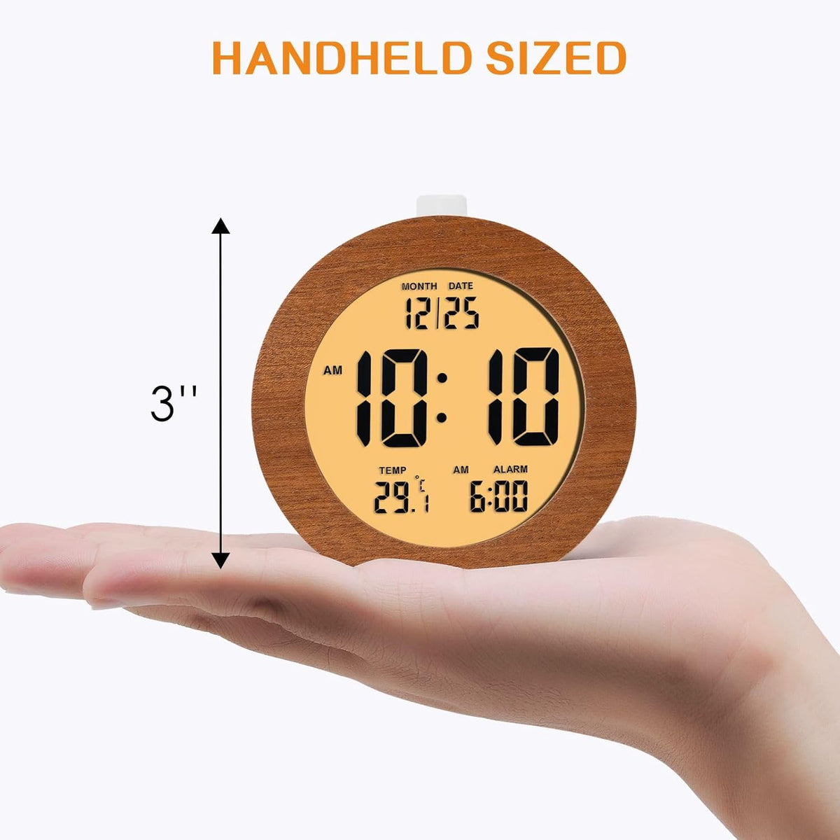 Plumeet Wooden Digital Alarm Clock for Bedrooms, Wood 4'' Battery Powered Alarm Clock with Snooze and Nightlight, Electronic LCD Desk Clock Display Time, Date, Temp, 12/24H, Wood Décor (Sapele, 3.2'') - PuriLite