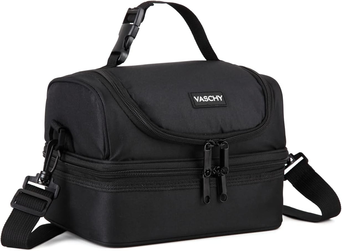 VASCHY Lunch Box Bag Men, Insulated Two Compartments Bento Cooler Bags for Adults/Women/Kids for School,Daycare,Kindergarten,Picnic Black - PuriLite