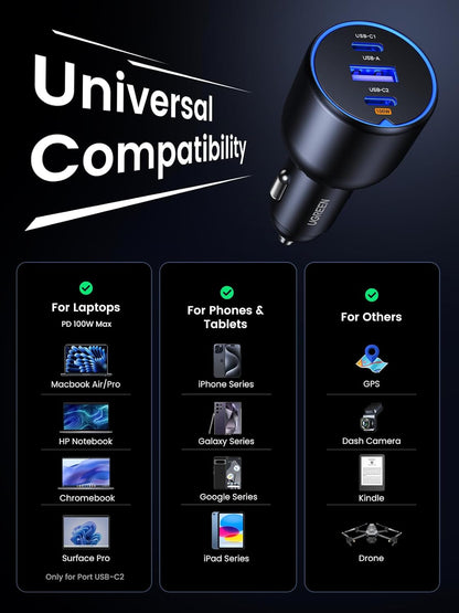 UGREEN 130W Car Charger USB C Fast Charger PD3.0 QC4.0 PPS Fast Charging Car Phone Adapter Compatible with Dell XPS, MacBook, iPhone 16 15 14 Pro Max, Galaxy S25 S24 Ultra, iPad (Cable Not Included) - PuriLite