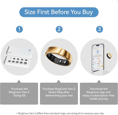 RingConn Gen 2 Smart Ring, No App Subscription, Size First with Sizing Kit, 12-Day Battery Life, Stress/Women's Health Tracker, Compatible with Android & iOS (Black, Size 8) - PuriLite