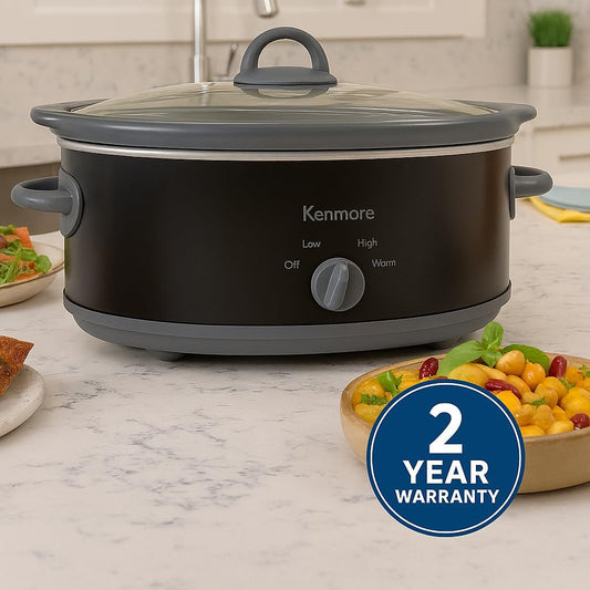 Kenmore Slow Cooker - 5 Lb Chicken 3 Lb Roast Mini Crock Pot With Glass Lid, Stainless Steel Electric Cookers, Warm Rice & Sous Vide Stew, Soup, Lunch, Dishwaher Safe Non-Stick Ceramic Insert, 5 Quart - PuriLite