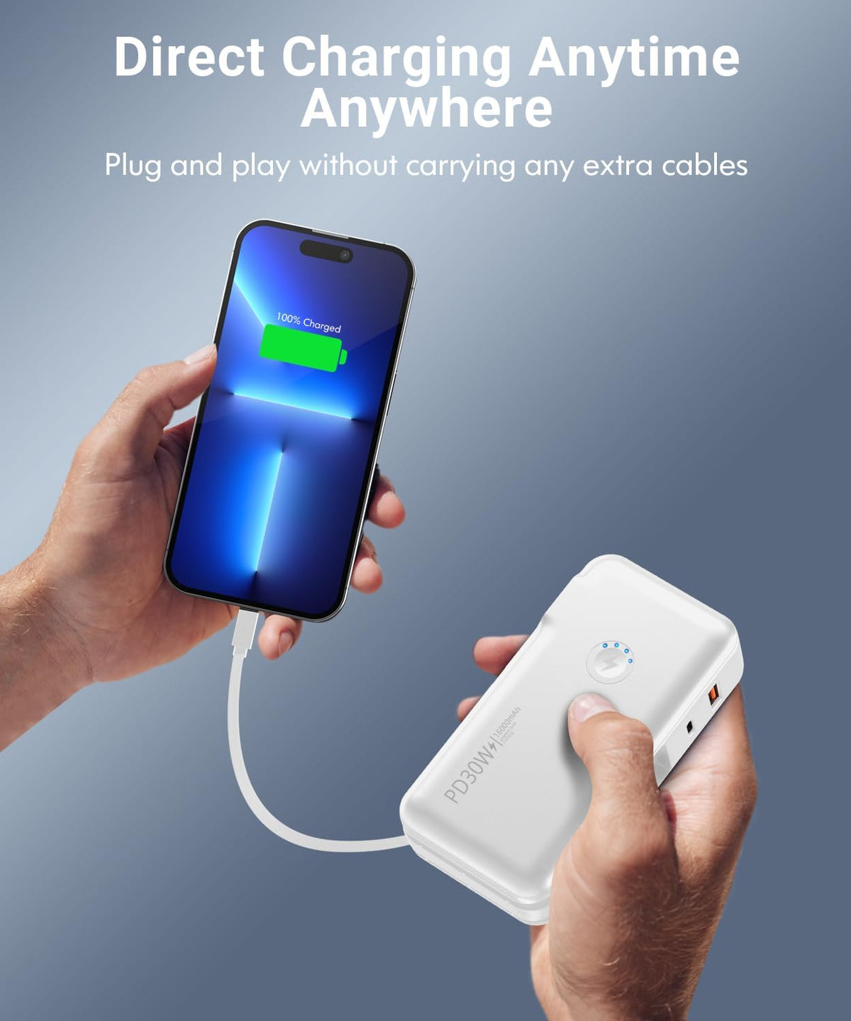 Portable Charger, Power Bank, 16000mAh Power Bank Built-in AC Wall Plug and Cables, PD 30W and QC4.0 Fast Charger for iPhone and Android Phones and Most Electronic Devices (Black) - PuriLite