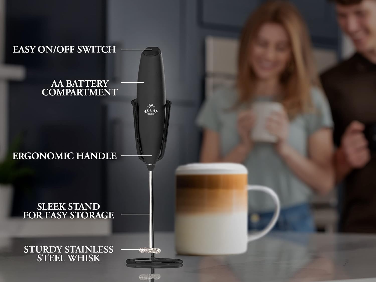 Zulay Kitchen Powerful Double Whisk Milk Frother Handheld - Foam Maker with Stand - Whisk Drink Mixer for Coffee, Mini Foamer for Latte, Matcha, Frappe, Hot Chocolate & Cappuccino (Black) - PuriLite