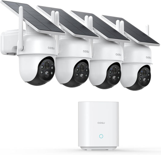 AOSU Security Cameras Outdoor Wireless, 4 Cam-Kit, No Subscription, Solar-Powered, Home Security Cameras System with 360° Pan & Tilt, Auto Tracking, 2K Color Night Vision, Easy Setup, 5G & 2.4G WiFi - PuriLite