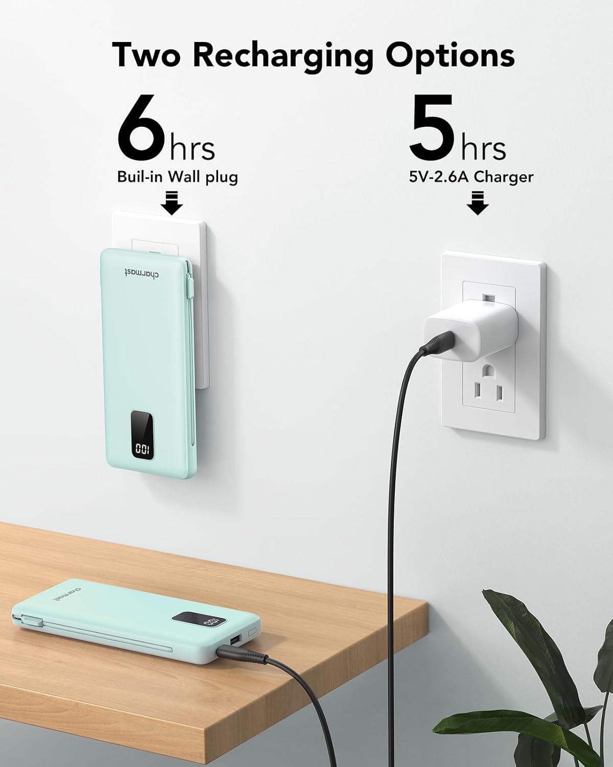 Charmast Portable Charger with Built-in Cables and AC Wall Plug, 10000mAh Ultra Slim Power Bank with 5 Outputs & 2 Inputs, External Battery Pack Compatible with iPhone 14/13, Samsung Galaxy, etc - PuriLite