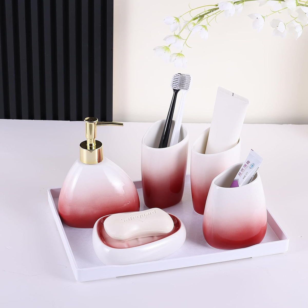White Bathroom Accessories Set,Modern Countertop Bathroom Decor,Luxury 6 Piece Bathroom Accessory Set,Complete with Soap Dispenser,Toothbrush Holder,Tumbler,Tray - PuriLite