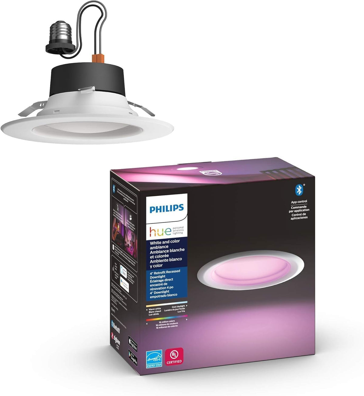Philips Hue White & Color Ambiance 4" Smart LED Retrofit Can Downlight, Color Changing, Bluetooth & Zigbee Compatible (Hue Hub Optional), Smart Ceiling Lighting - PuriLite